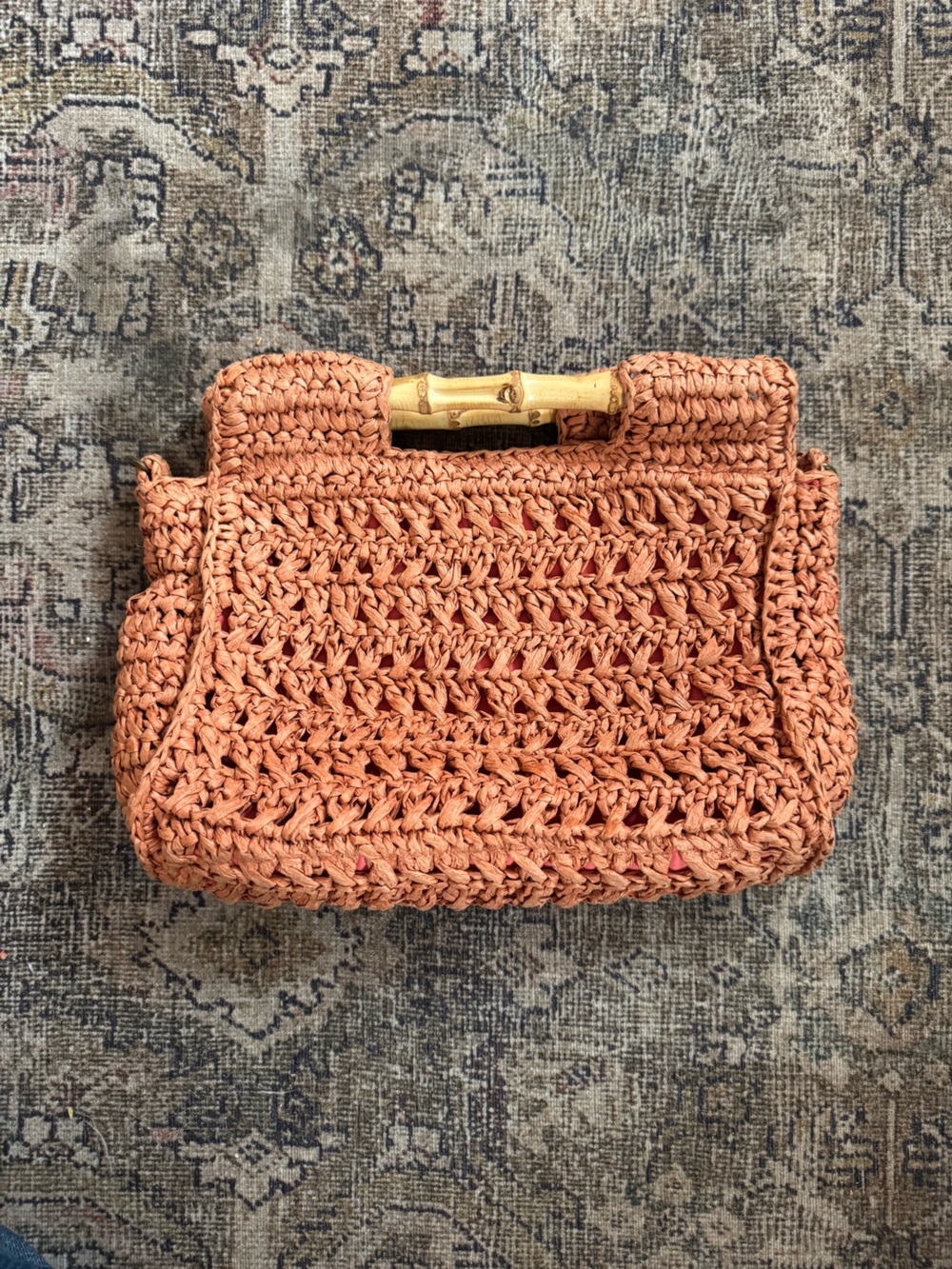 FREE PEOPLE Woven Orange Straw Clutch Bag Bamboo Handles - Picture 2 of 8